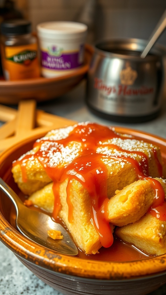 A golden brown bread pudding made with King